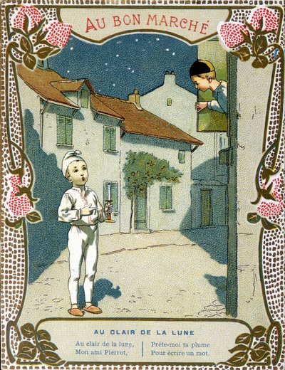 Pierrot à la chandelle, "Au clair de la lune" - étiquette de "Le Bon Marché" - French School