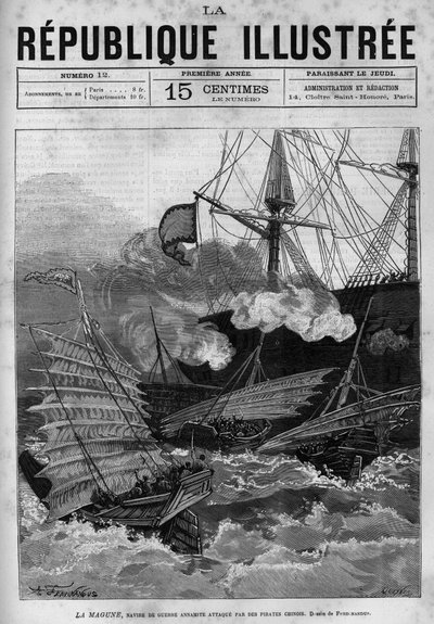 Piratage : le navire de guerre annamite « La Magune » attaqué par des pirates chinois. Un journal. Gravure de 1880 dans « La république illustrée » collection privée. - French School