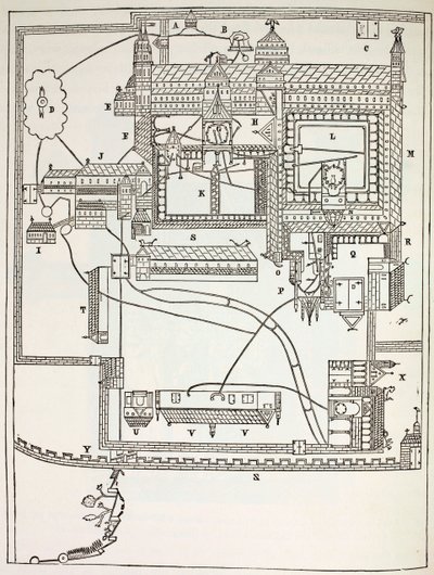 Plan du monastère bénédictin de Canterbury au XIIe siècle, de la Vie militaire et religieuse au Moyen Âge par Paul Lacroix, publié à Londres vers 1880 - French School