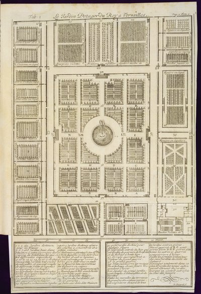 Plan des jardins potagers du roi à Versailles, de Le Parfait Jardinier, ou Instruction pour les Jardins Fruitiers et Potager, par Jean de la Quintinye, publié en 1695 - French School