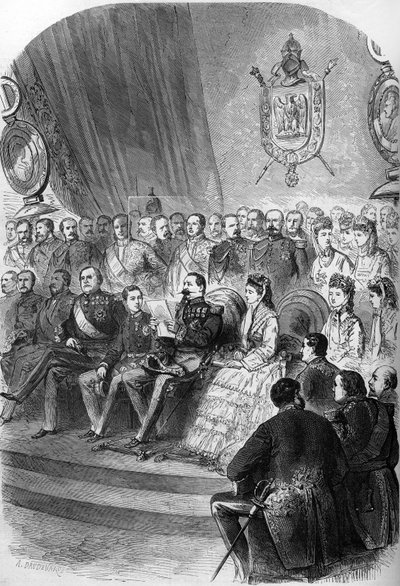 Plébiscite de 1870 : présentation de la déclaration officielle des résultats à Napoléon III (1808-1883). Sont également présents l