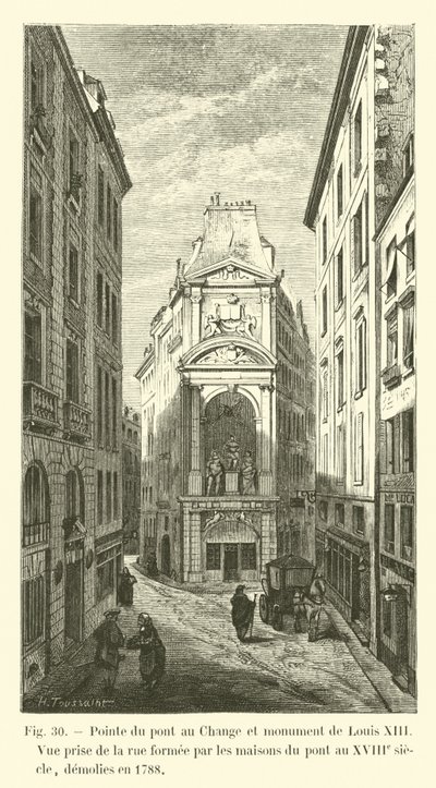 Pointe du pont au Change et monument de Louis XIII, Vue prise de la rue formée par les maisons du pont au XVIIIe siècle, démolies en 1788 - French School