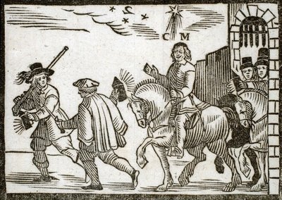 Pamphlets politiques Mazarinade : Mazarin fuit Paris à cheval, en pleine nuit, précédé de deux valets portant des lanternes. Gravure sur bois 1651 - French School