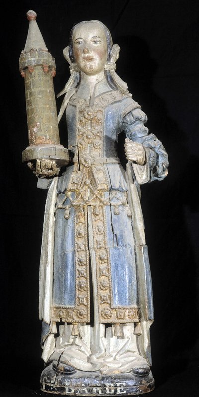 Sculpture en bois polychrome représentant Sainte Barbe (fin XVIe siècle), conservée au Musée de Dinan. - French School