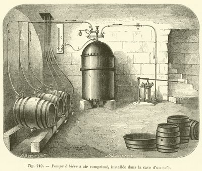 Pompe a biere a air comprime, installee dans la cave d