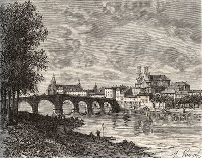 Pont-à-Mousson - Meurthe-et-Moselle - gravure dans « La France illustrée : géographie, histoire, administration statistique » par V.-A. Malt-Brown. 1884 - French School