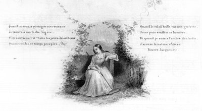 Pauvre Jacques. Fille seule assise sur un banc, tenant un râteau. Gravure dans "Chants et chansons populaires de la France", Tome 2 - French School