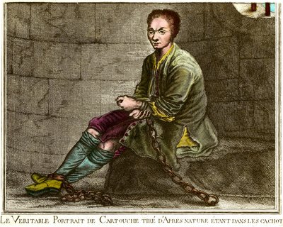 Portrait en pied de Louis Dominique Cartouche (1693-1721), brigand français dans son cachot Gravure du 18ème siècle Collection privée - French School