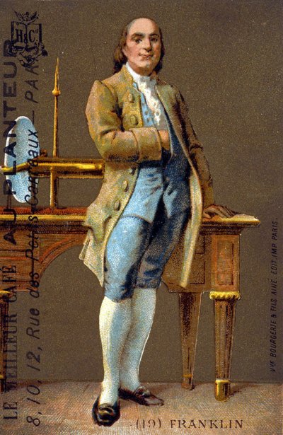 Portrait en pied de Benjamin Franklin, homme politique et physicien américain (1706-1790) - chromo., début XXe siècle - French School
