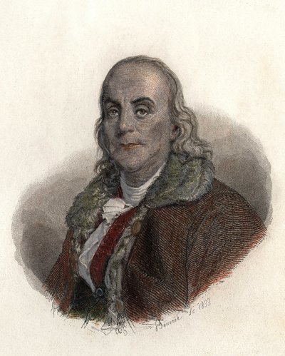 Portrait de Benjamin Franklin (1706-1790), physicien, philosophe et homme politique américain. dans « Portraits des Hommes Utiles » - French School