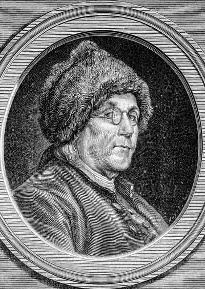 Portrait de Benjamin Franklin, homme politique, mémorialiste, pamphlétaire et physicien américain - dans « Album de la Science; savants illustres; Grandes découvertes » 1896. - French School