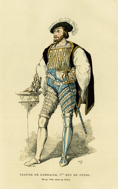 Portrait de Claude de Lorraine (1496-1550), premier duc de Guise. Gravure en couleur, dans « La France et les Français à travers les siècles » par Augustin Challamel, éditeur F. Roy, Paris 1882. Collection Selva. - French School