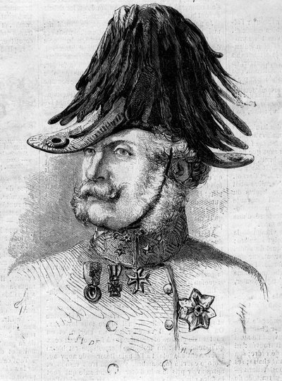 Portrait du comte Ferencz Gyulai (1797-1868), feld-maréchal lieutenant général commandant les troupes autrichiennes dans les provinces lombardes. Gravure dans « Le Monde Illustré » n°107 du 30 avril - French School