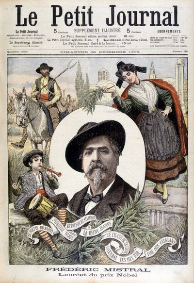 Portrait de Frédéric Mistral, entouré de personnages provençaux (gardian, fifre et Mireille) - dans "Le Petit Journal" du 28/12/1904 (gravure) - French School