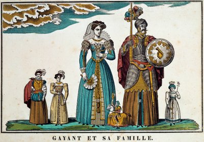 Portrait de Gayant, un géant symbolisant la ville de Douai, représenté avec sa famille : sa femme, Marie Cagenon, et ses trois enfants, Jacquot, Fillon et Binbin. Gravure du XVIIIe siècle, imagerie par Belfort. Collection Ferrand - French School