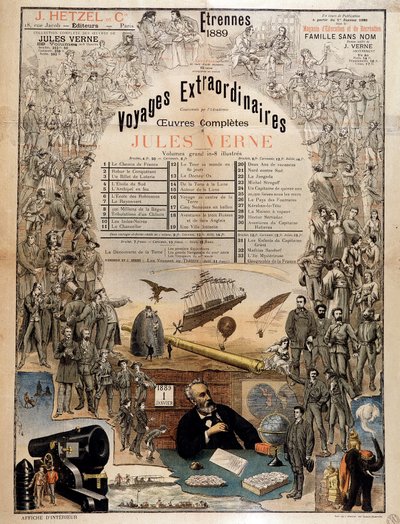 Portrait de Jules Verne et scènes de ses œuvres - Affiche publicitaire pour ses œuvres complètes - French School