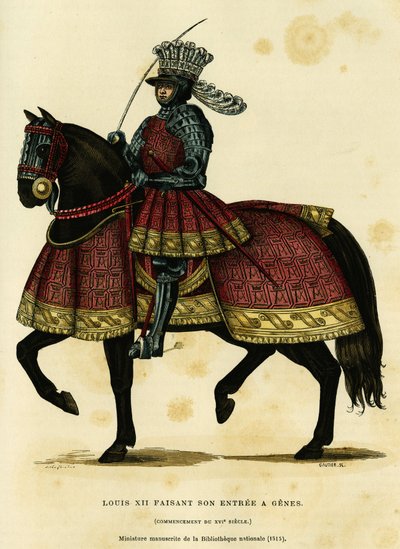 Portrait de Louis XII roi de France (1462-1515), faisant son entrée à Gênes le 26 août 1502. Gravure en couleurs d