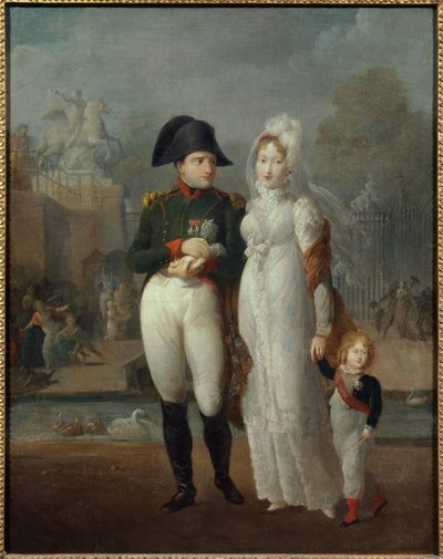 Portrait de Napoléon Ier (1769-1821) et Marie-Louise avec leur fils, le roi de Rome Napoléon II, duc de Reichstadt dans les jardins des Tuileries. Peinture anonyme - French School