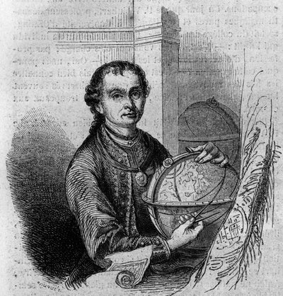Portrait de Pierre Anich (1723-1766), astronome et cartographe tyrolien, tenant un globe et un compas. Gravure dans "Le Magasin pittoresque" - French School