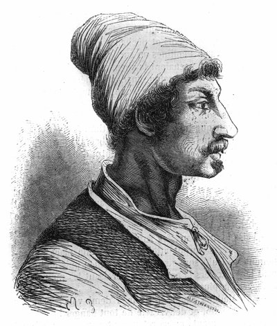 Portrait de Tommaso Aniello, dit Masaniello (1622-1647), pêcheur napolitain, il prit la tête de la révolte contre les Espagnols à Naples en 1647. Gravure de 1852. - French School