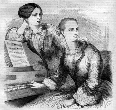 Portrait des sœurs Cruvelli, danseuses allemandes. Sophie Cruvelli (Johanna Sofia Charlotte Cruwell, dite) (1826-1907) et Marie Cruvelli (Friederike Marie Cruwell, dite) (1824-1868). Gravure de 1852. - French School
