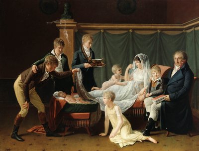 Portrait du marquis et de la marquise de Cramayel et de leurs sept enfants dans un intérieur - French School