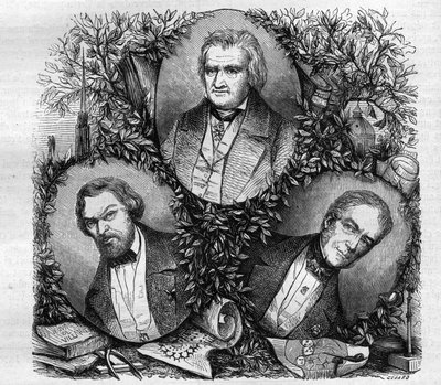 Portraits de Jean Baptiste Antoine Lassus (1807-1857), architecte français (gauche); Charles Lacretelle Jeune (1766-1855), historien et avocat français (centre); et Baron Auguste Gaspard Louis Desnoyers (1779-1857), graveur français. Gravure de 1858 - French School