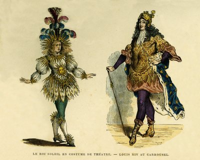 Portraits du roi Louis XIV (1638-1715), en costume de théâtre et de carrousel. Gravure en couleurs, dans "France et les français à travers les siècles" par Augustin Challamel, F.Roy éditeur, Paris 1882. Collection Selva - French School