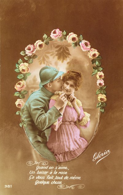 Carte postale représentant un soldat français et son amante, 1914-18 - French School