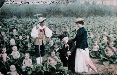 Carte postale représentant un couple cherchant un bébé - French School