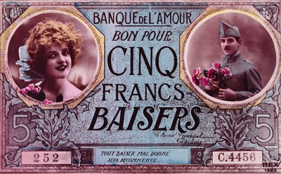 Carte postale sous forme de bon pour cinq baisers francs de la Banque de l