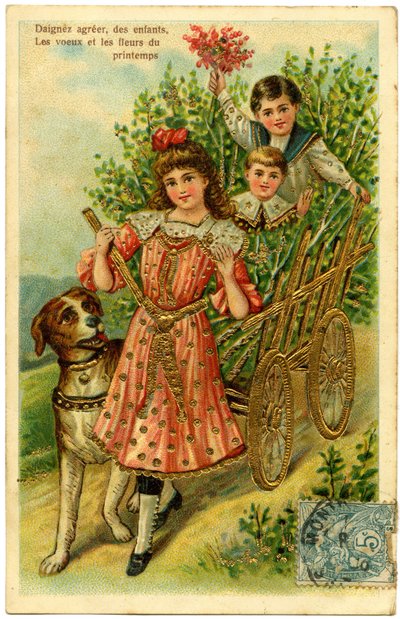 Carte postale, veuillez accepter, les souhaits des enfants et les fleurs de printemps (papier imprimé en chromolithographie avec dorure ajoutée) - French School