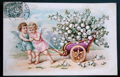 Cartes postales représentant des chérubins tirant un char chargé de muguet - French School