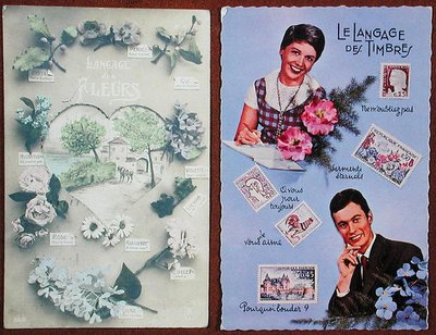 Cartes postales représentant le langage des fleurs, vers 1913 et des timbres, vers 1963 - French School