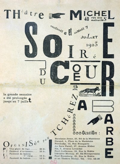 Affiche publicitaire pour la Soirée du Coeur à Barbe au Théâtre Michel les 6 et 7 juillet 1923 - French School