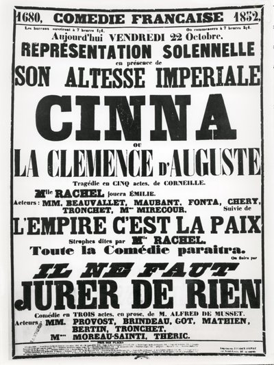Affiche publicitaire pour une représentation à la Comédie-Française le 22 octobre 1852, de la tragédie de Corneille, Cinna, suivie d