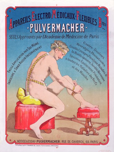 Affiche publicitaire pour une machine de massage et de stimulation électro-médicale Pulvermacher, 1884 - French School