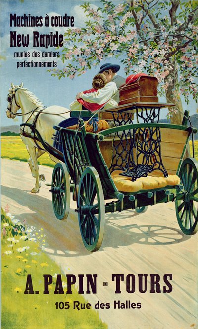 Affiche publicitaire pour les machines à coudre New Rapide, A. Papin Tours, 10 rue des Halles - French School