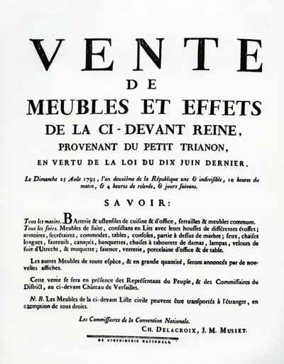 Affiche annonçant la vente des meubles et effets de Marie-Antoinette le 25 août - French School