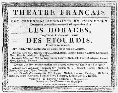 Affiche pour la représentation de Les Horaces par Pierre Corneille (1606-84) au Théâtre Français à Paris, 1812 - French School
