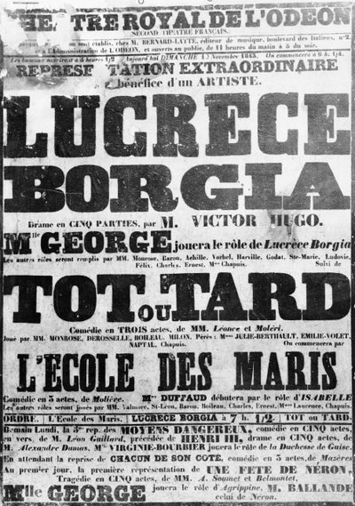 Affiche pour la représentation de Lucrèce Borgia à l