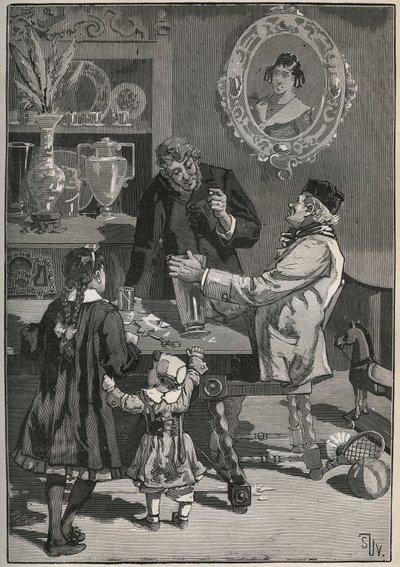 Potichomanie, un procédé du XIXe siècle pour imiter les vases en porcelaine de Chine et du Japon. Gravure de 1880 dans « Les arts et métiers illustrés » par Adolphe Bitard - French School