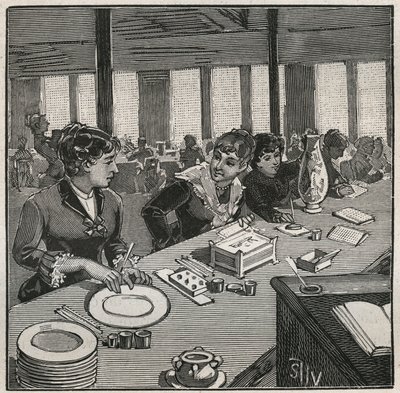 Poterie : atelier de peinture sur porcelaine au XIXe siècle en France. Gravure de 1880 dans « Les arts et métiers illustrés » par Adolphe Bitard. - French School