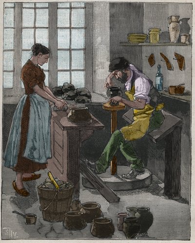 Poterie : potier exécutant un vase sur le tour. France - French School