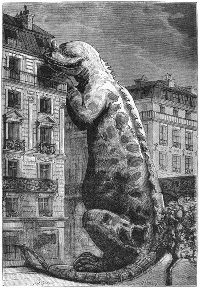 Monstre préhistorique dans une ville moderne, gravé par Motty (XIXe siècle) illustration de Le Monde Avant la Création de l