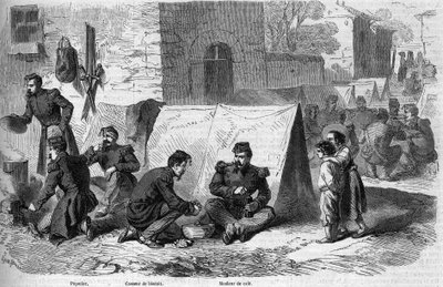 Préparation de la « popote » (repas) du 1er régiment de grenadiers de la Garde Impériale française pendant le Risorgimento. De gauche à droite : un « popotier », un « casse-biscuit » et un « cafetier ». Cavriana, Italie - French School