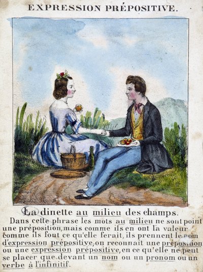 Expression prépositive (La dinette au milieu des champs) - livre de grammaire en images, vers 1850 - French School