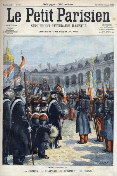 Présentation du drapeau du Régiment de Chine par le général Faure-Biguet au général Arnoux gouverneur aux Invalides à Paris, dans « Le Petit Parisien » 1901 (gravure) - French School