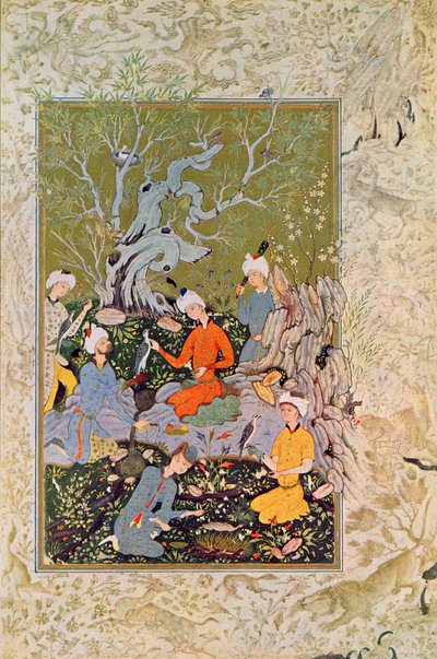 Prince chassant avec des faucons, illustration de Les Mille et Une Nuits, 1895 (gravure en couleur) - French School