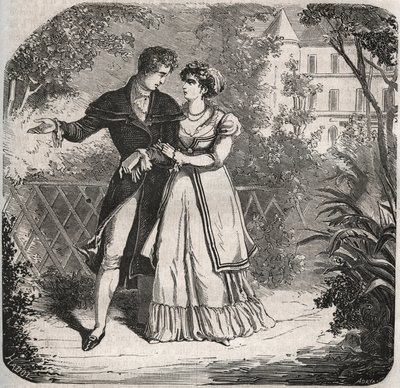 Princesse de Galles Caroline de Brunswick (1768-1821) marchant avec son amant, Bartolomeo Bergami. Gravure de 1871 dans « Histoire Des Cocus Célèbres » par Henry de Kock (1819-1892). - French School